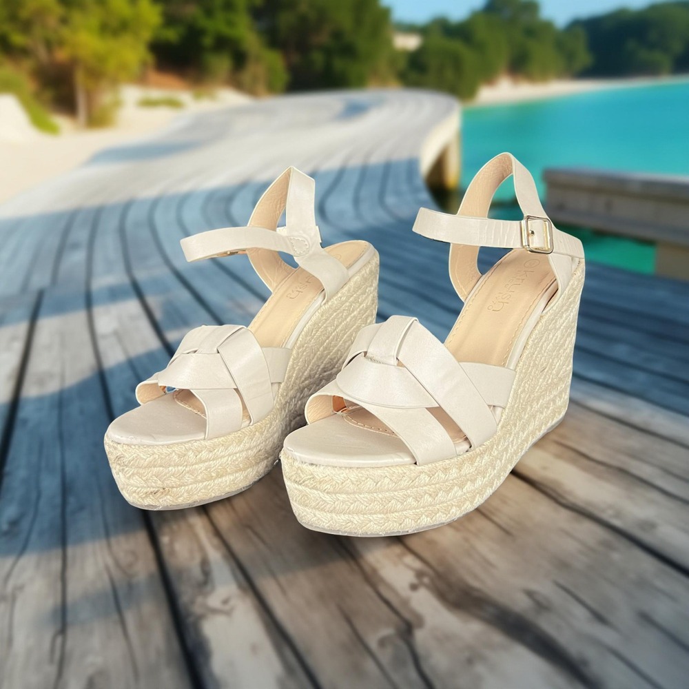 Krush Womens 6 Beige Espadrille Platform Wedge Sandals Criss Cross Strap Summer
